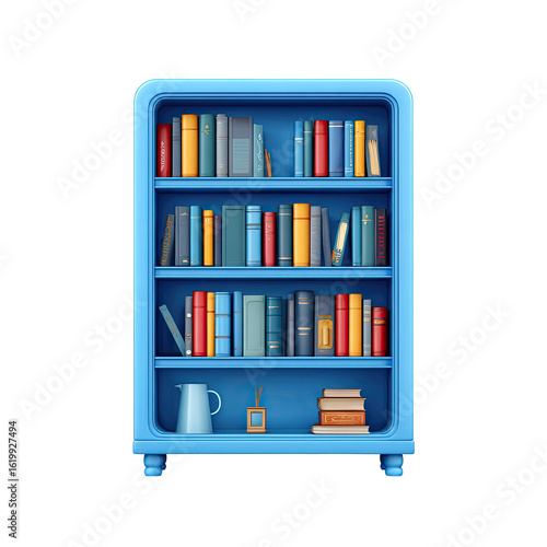 Blue bookcase with books on shelves