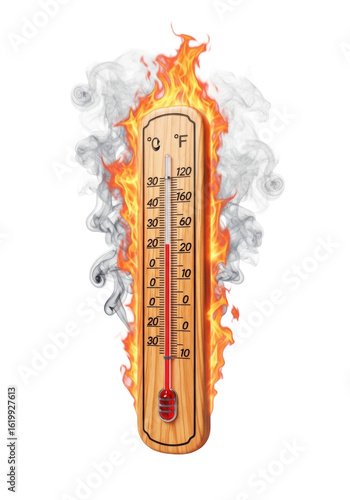 Vintage wooden thermometer engulfed in aggressive orange and red flames, swirling grey smoke, red mercury at extreme temperature, isolated on transparent studio background with copy space, concept