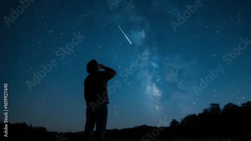 A person observes the night sky, silhouetted against a starry backdrop with the Milky Way and a shooting star.