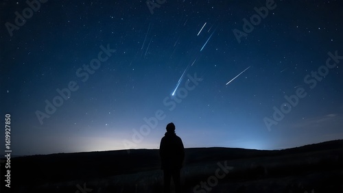 A solitary figure stands in silhouette against a vibrant night sky filled with shooting stars.