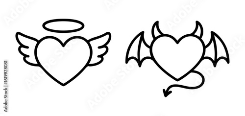 angel and demon hearts outline icon line art, black and white doodle style. Ideal for logo, tattoo, app, coloring book, web design, infographics, banner, poster, and more. Vector illustration
