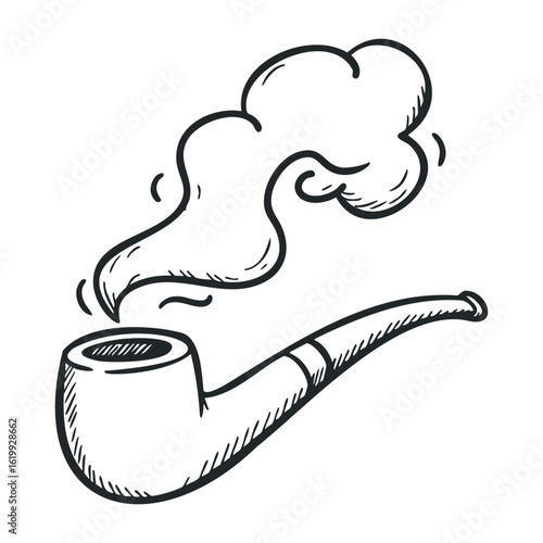 Hand-drawn smoking pipe with curling smoke. Vector illustration