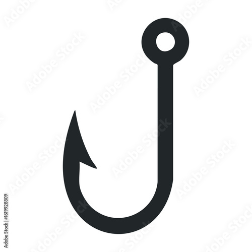 Simple fishing hook icon in black ink style. Vector illustration