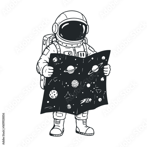 Astronaut exploring space map with planets and stars in a retro black and white style. Vector illustration