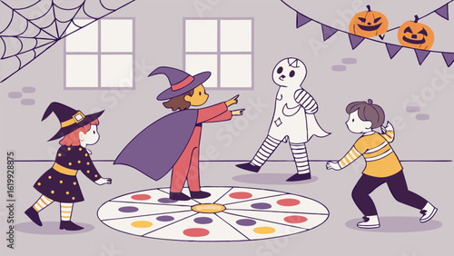 Children in halloween costumes play twister on a spooky night with jack o lanterns and spiderwebs celebrating the holiday together