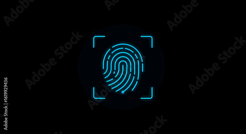 Glowing blue fingerprint icon centered on a black background, enclosed within a square target frame for identification.