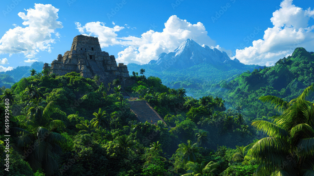 Fototapeta premium Ancient ruin in jungle surrounded by lush greenery and mountains, evoking sense of mystery and adventure