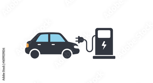 Electric car charging at a charging station.  Clean energy vehicle refueling.