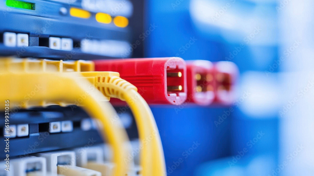 Naklejka premium High quality fiber optic cables connected to network switch, showcasing vibrant colors and advanced technology