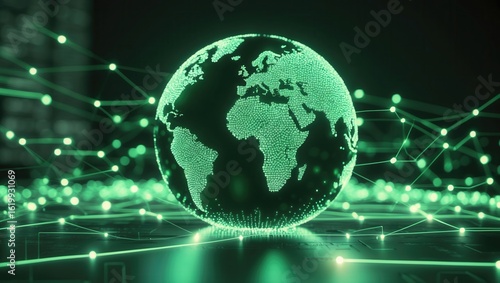 A glowing green digital globe representing Earth, interconnected with data lines, set on a dark backdrop