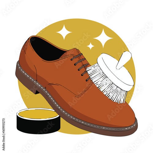 Illustration of a brown leather shoe being polished with a brush and shoe polish against a gold background