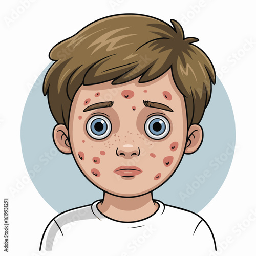Cartoon illustration of a boy with brown hair and blue eyes who has a rash on his face and forehead