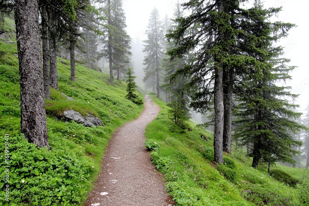Obraz premium Misty mountain path winds through lush green forest (1)
