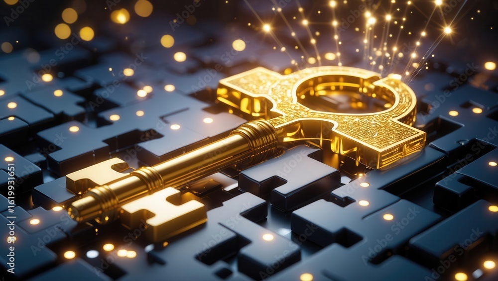 Fototapeta premium Golden key on a dark textured surface with glowing effects and sparkles surrounding it