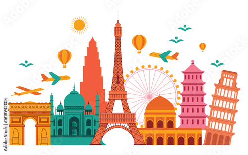 Tour Travel Around the World – Colorful Vector Illustration Featuring Famous Landmarks, Global Transportation, and Adventure Elements for Vacation, Tourism, and Travel Agency Designs

