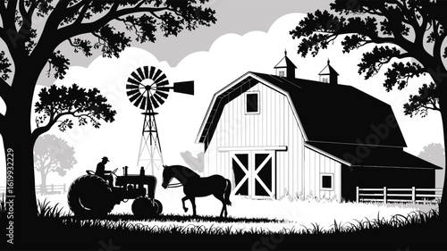  Black and white silhouette of a rural farm scene with barn, windmill, tractor, horse, and trees in vintage countryside landscape composition