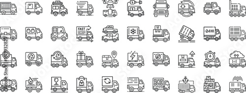 Collection of diverse line art delivery truck icons;  fast, eco-friendly, and 24/7 shipping concepts.