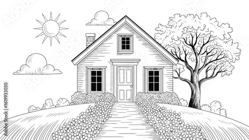  Black and white house illustration with pitched roof, chimney, garden, pathway, and sun—cozy suburban scene in minimalist line drawing style