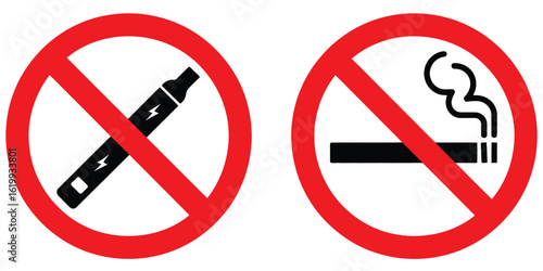 Red prohibition symbols over smoking cigarette and vape—universal black and white icon indicating no smoking and no vaping in restricted areas 