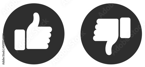 Black and white silhouette of thumbs-up and thumbs-down icons—minimalist approval and disapproval symbols for feedback, rating, and UI themes