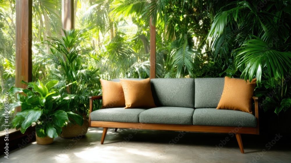 A modern sofa accented with orange cushions sits elegantly among vibrant indoor plants, offering a fresh and inviting atmosphere perfect for home styling visuals. A modern sofa accented with orange cushions sits elegantly among vibrant indoor plants, offering a fresh and inviting atmosphere perfect for home styling visuals.
