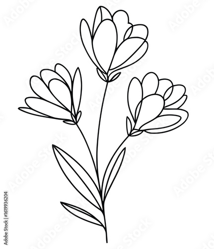 Minimalist continuous line drawing of blooming flowers with stems and leaves—elegant black and white botanical art for decor or tattoo themes 