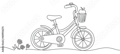 Minimalist line art of bicycle with front basket carrying apple, surrounded by grass and flowers—peaceful black and white lifestyle sketch 
