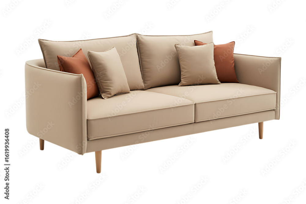 Fototapeta premium Modern beige fabric sofa with orange pillows. Comfortable living room furniture for home interior design.