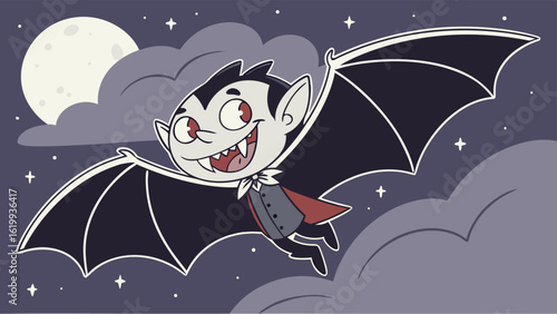 A cheerful cartoon vampire with large wings and fangs flies happily through a cloudy night sky under a full moon and twinkling stars