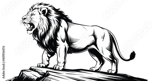 Hand-drawn roaring lion standing atop textured rock—bold black and white illustration showcasing strength, wildlife majesty, and regal energy 