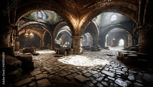 Sunlit interior of a crumbling, ancient stone structure.  High vaulted arches, stone floor, and scattered ruins