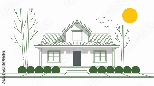  Charming hand-drawn house with front porch, bare trees, flying birds, and sunny sky—minimalist landscape for seasonal or lifestyle themes