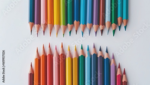 Vibrant array of colored pencils arranged in two rows showcasing diverse colors and shades