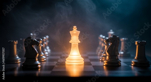  Glowing king chess piece on the board, concept of strategy, leadership, success, power, and winning move

