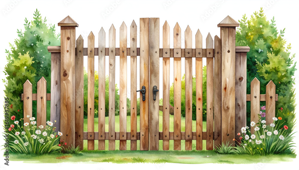 Fototapeta premium Rustic Wooden Gate Surrounded by Lush Greenery and Flowers