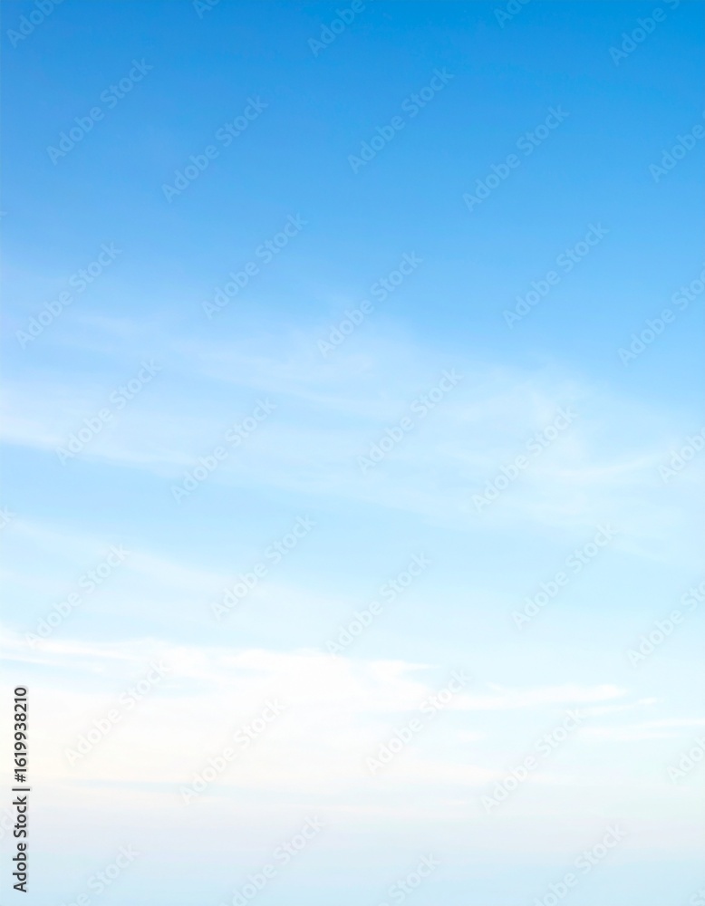 Naklejka premium Soft Sky Background with Light Blue Gradients: Wispy Clouds & Subtle Sunrise Hues, Perfect for tranquil, serene backdrops, copy space, banners & graphic design