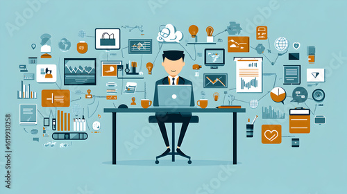 Wallpaper Mural A man sits at a desk using a laptop, surrounded by various icons representing digital media and ideas. Torontodigital.ca