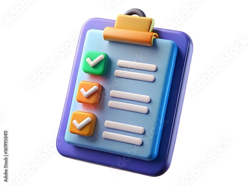 3d cartoon checklist clipboard with green and orange checkmarks and lines