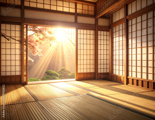 Serene Japanese Room with Morning Light and Delicate Cherry Blossoms