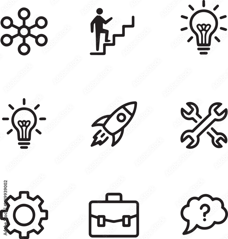 Fototapeta premium Business Icons Set Featuring Startup Growth Strategy Innovation Development And Professional Management Symbols