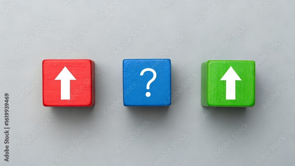 Obraz premium Decision Path – Growth vs Uncertainty, Data Strategy, Abstract Analytics, Arrows, Conceptual Blocks, Gray Background