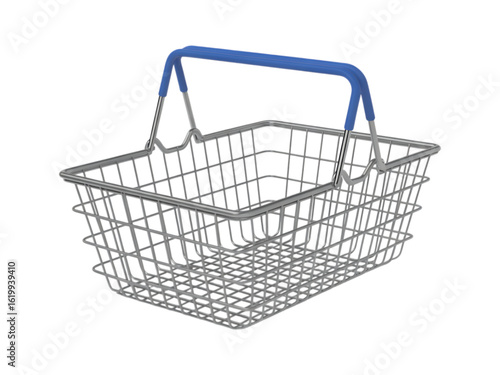 Small empty shopping basket with blue handle.  Concept of shopping, retail, consumerism, market, purchase, sale.