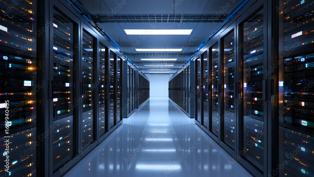Fototapeta premium Modern server room with rows of computer racks in a data center