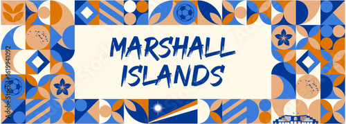 Colorful Geometric Marshall Islands Banner with Cultural Symbols and Flag Elements