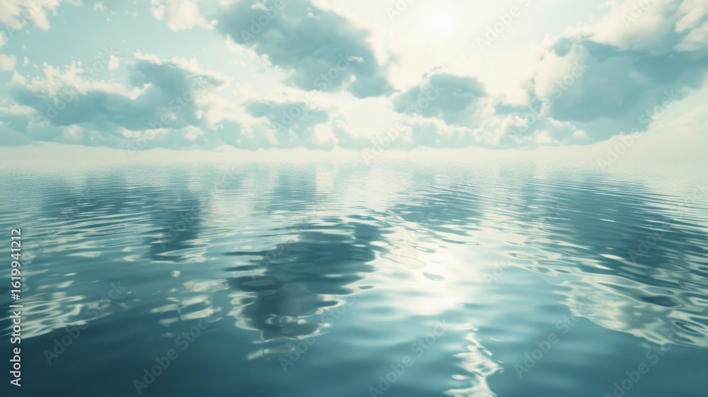 Obraz premium A serene ocean view with gentle ripples and soft clouds reflecting in the calm water surface