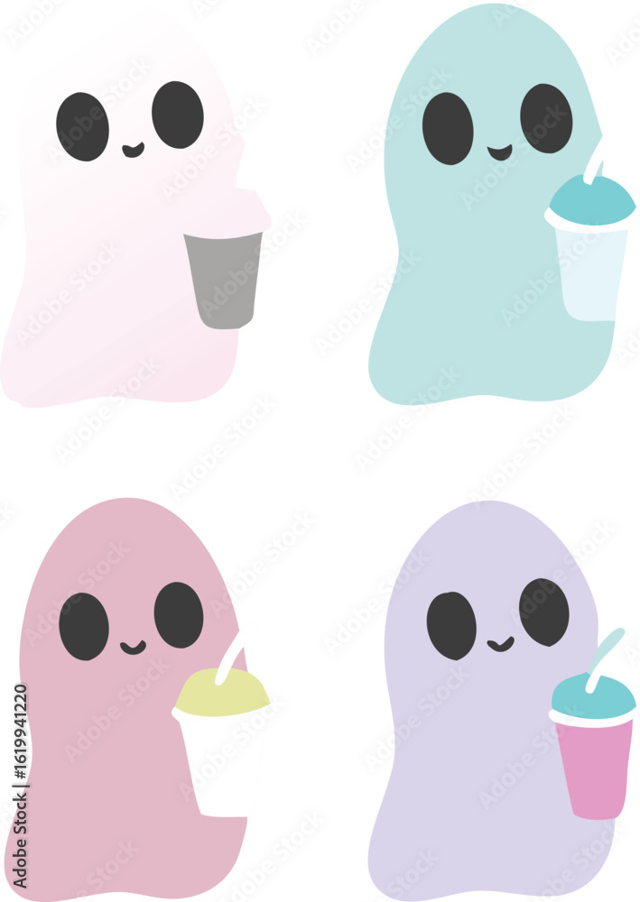 Fototapeta premium Adorable Pastel Ghosts Enjoying Refreshing Drinks Cute Halloween Illustration