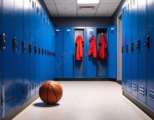 Locker room with basketball and coats