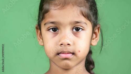 Horizontal video serious little girl with wound near lip on green background