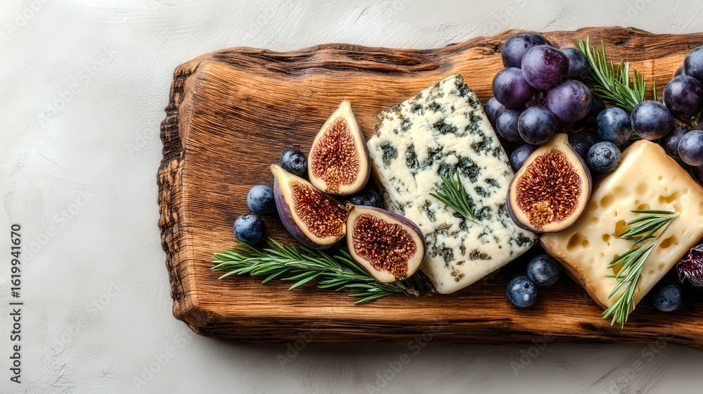 A wooden board with a variety of cheeses and fruit on it. The cheeses include feta and blue cheese, and the fruit includes grapes and figs. The arrangement of the cheeses A wooden board with a variety of cheeses and fruit on it. The cheeses include feta and blue cheese, and the fruit includes grapes and figs. The arrangement of the cheeses