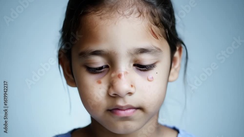 Horizontal video sad girl with facial pigmentation spots on gray background